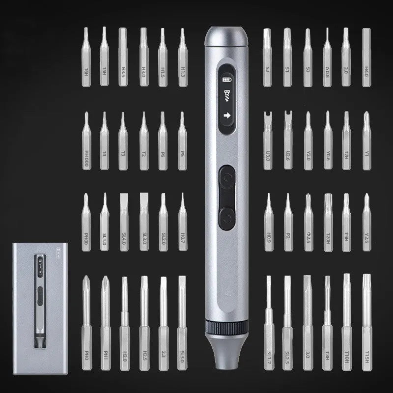 Precision electric screwdriver with aluminium alloy handle showing length and design details