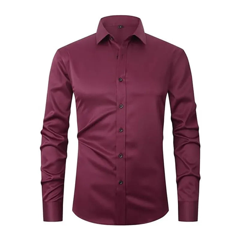 Man wearing a solid-colour stretch long sleeve work shirt made from polyester fabric.