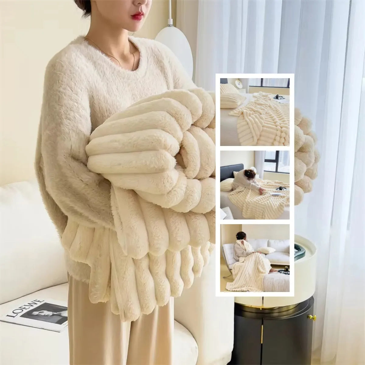 Double-sided bubble velvet blanket in rabbit fur design showing texture detail and solid colour option