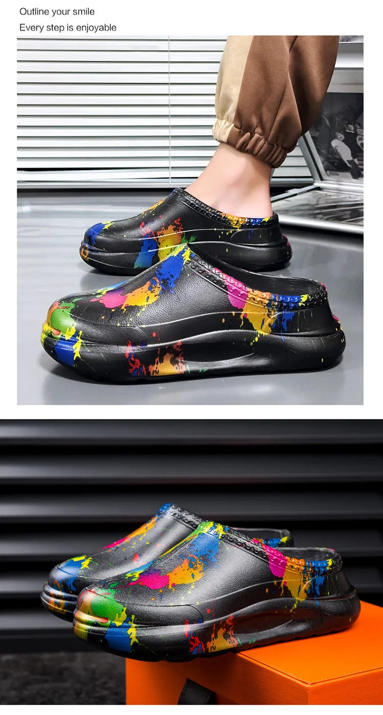 Men's black EVA platform work shoes with slip-on toe cap design and durable sole.