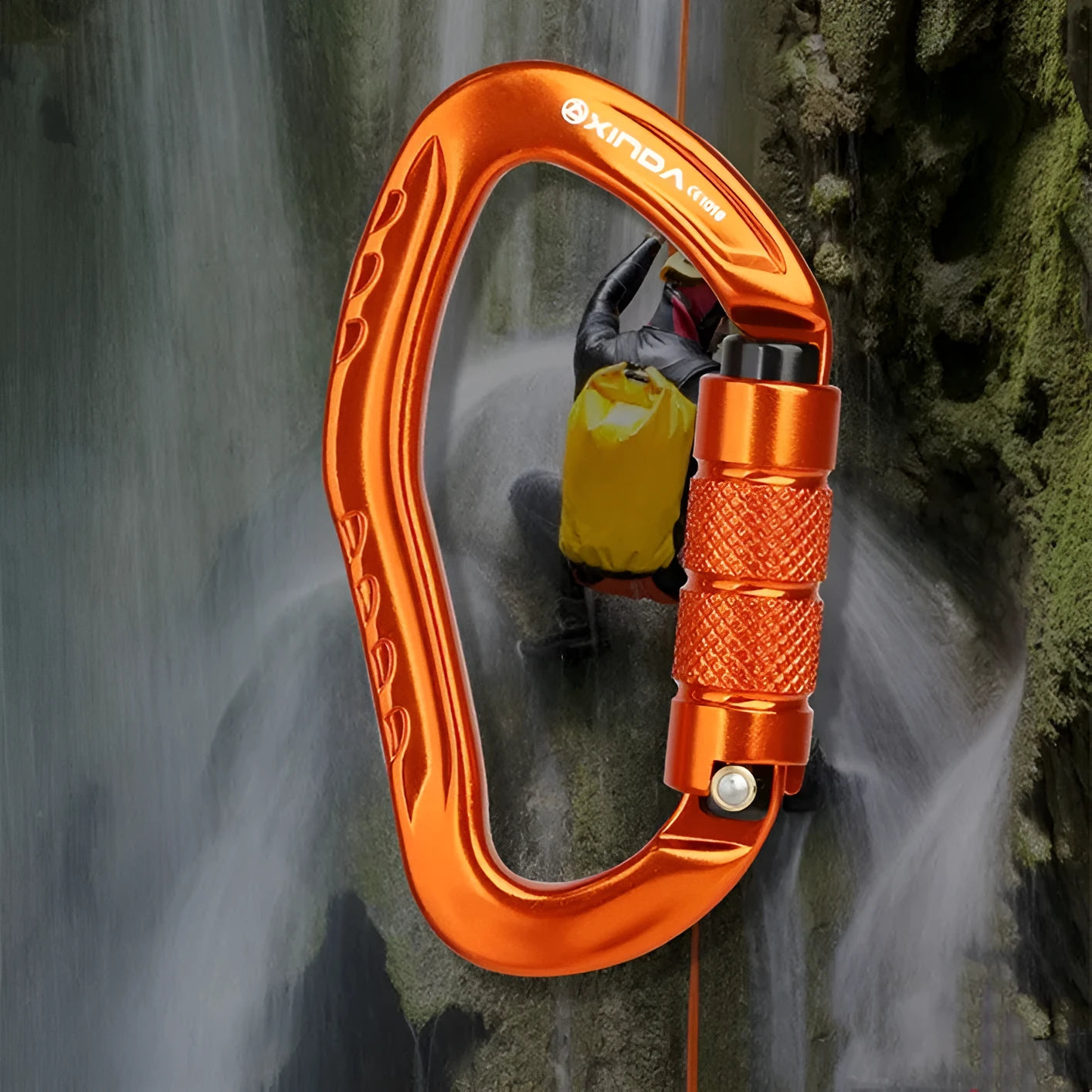 Automatic lock climbing carabiner in multiple colours: black, blue, orange, red, and silver