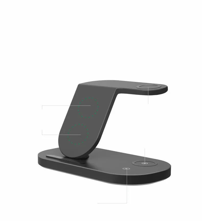 Three-in-one wireless charging station in black or white charging phone watch headphones