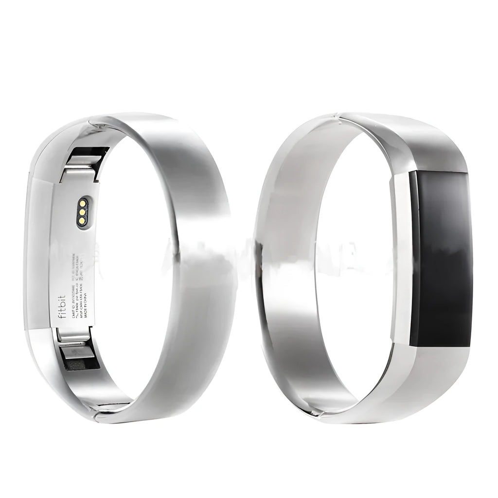 Stainless steel metal replacement strap for Fitbit Alta smartwatch in silver with deployment buckle.