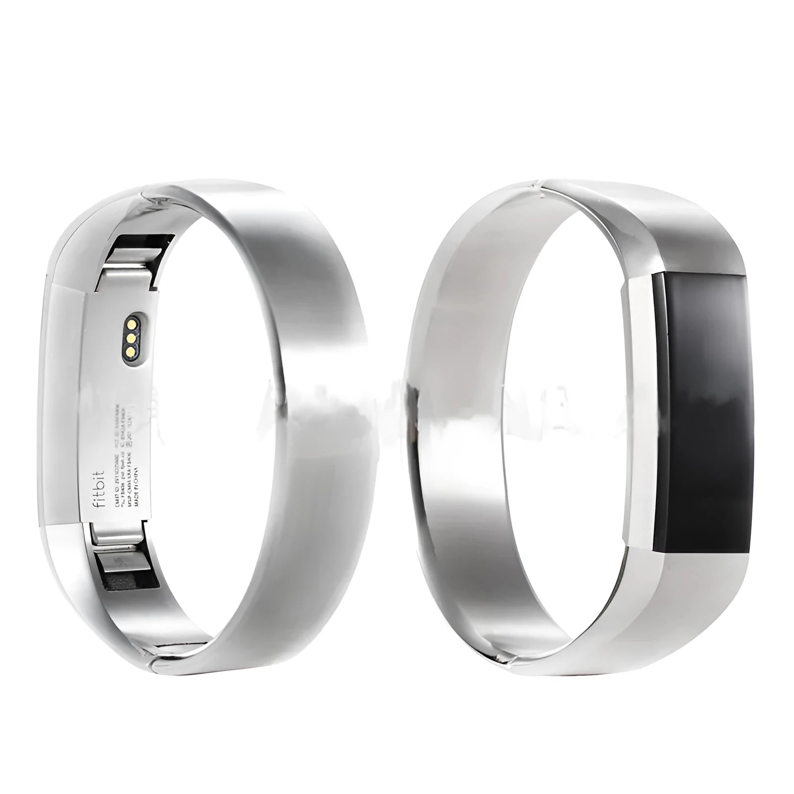 Stainless steel metal replacement strap for Fitbit Alta smartwatch in silver with deployment buckle.