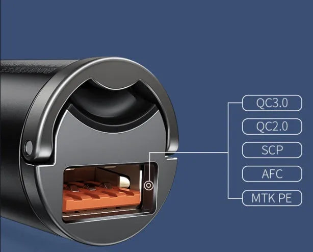 Baseus electro-optical grey 30W PPS fast car charger with 1 metre USB cable.