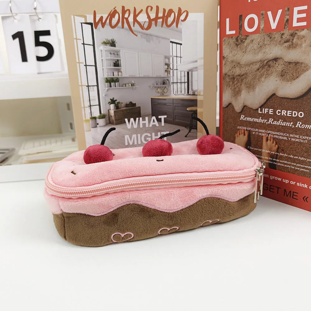 Cherry Cake plush design velvet pencil case in Korean style