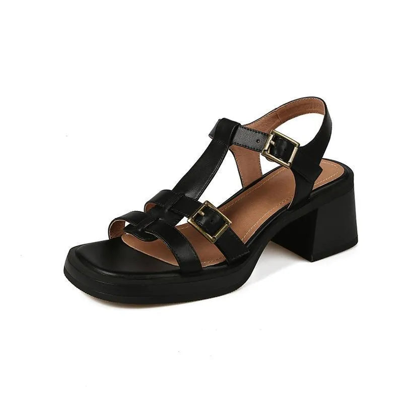 Women's black retro platform sandals with T-buckle fastening and square open toe design