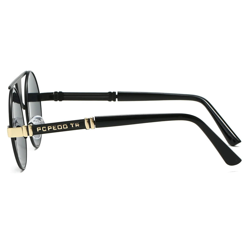Men's double beam round frame HD sunglasses black frame black lens classic style