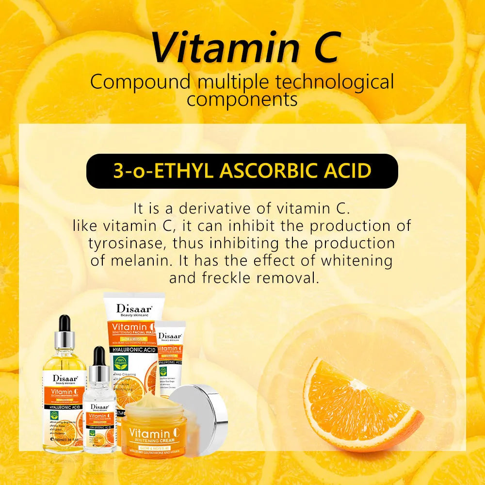 Vitamin C skin care product set with five hydrating and moisturising facial bottles in coordinating colour scheme