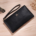 Long 55-inch chain PU leather wallet handbag with a zipper, shown in a choice of colours.