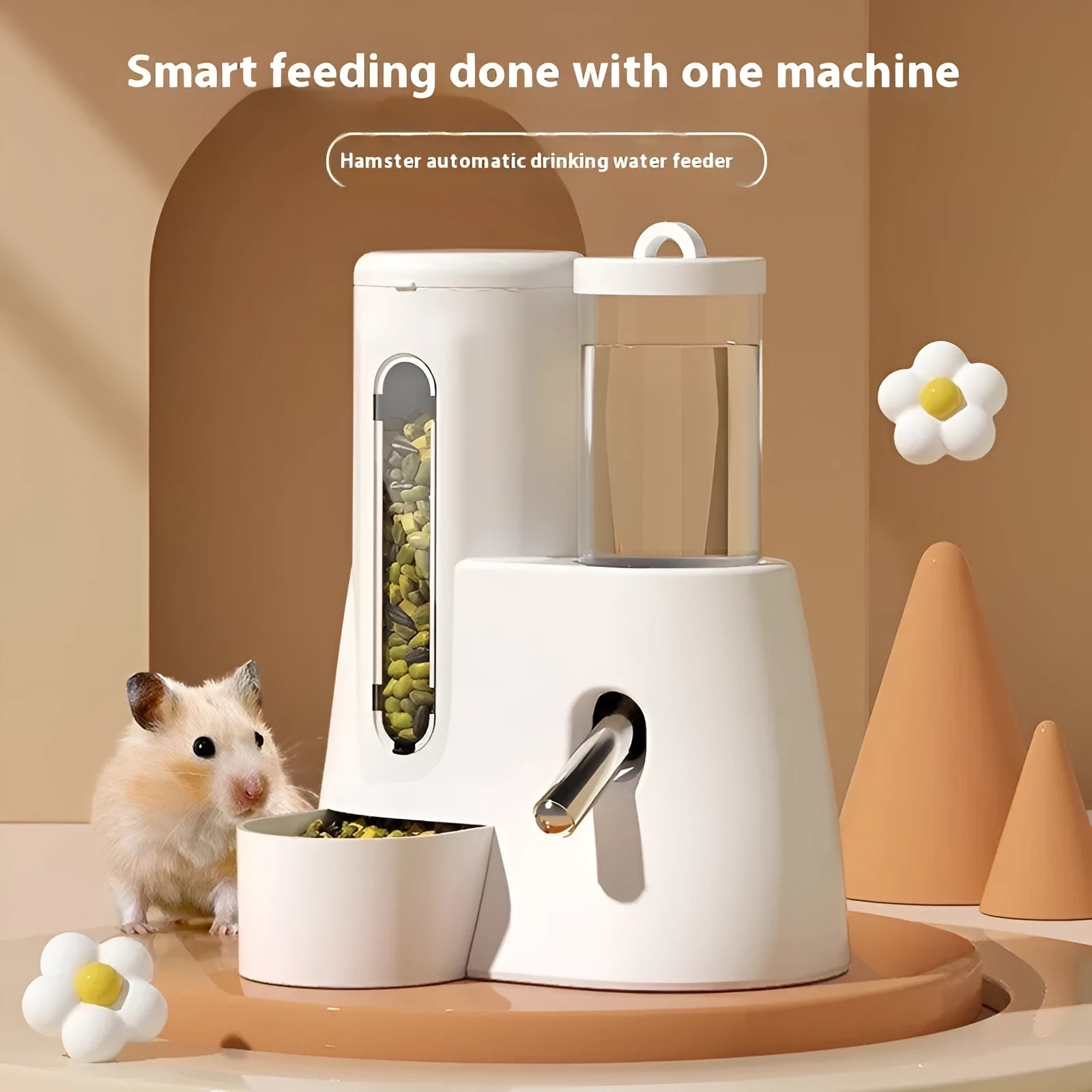 White, blue, and pink hamster automatic water feeder with attached food dish in large and small sizes.