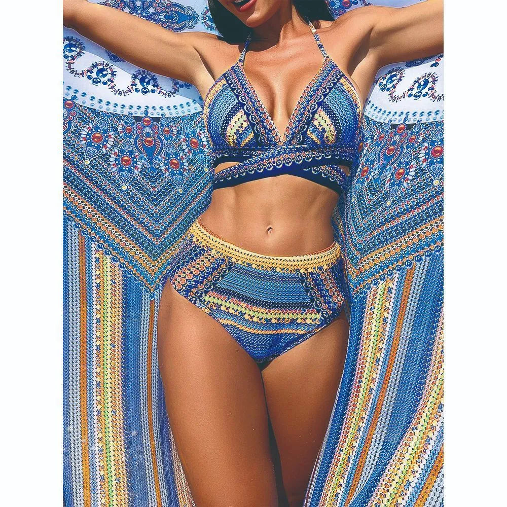 Women's high-waisted bikini swimsuit with cross bandage design in three-piece set