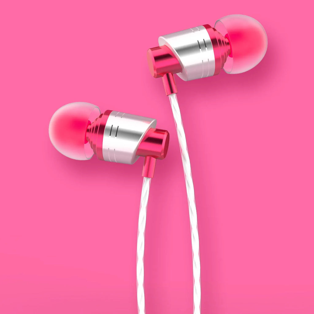 Black wired in-ear headphones with 3.5mm plug, silicone tips, and an inline microphone on the cable.