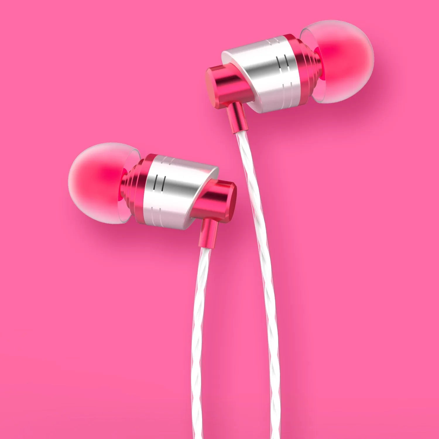 Black wired in-ear headphones with 3.5mm plug, silicone tips, and an inline microphone on the cable.