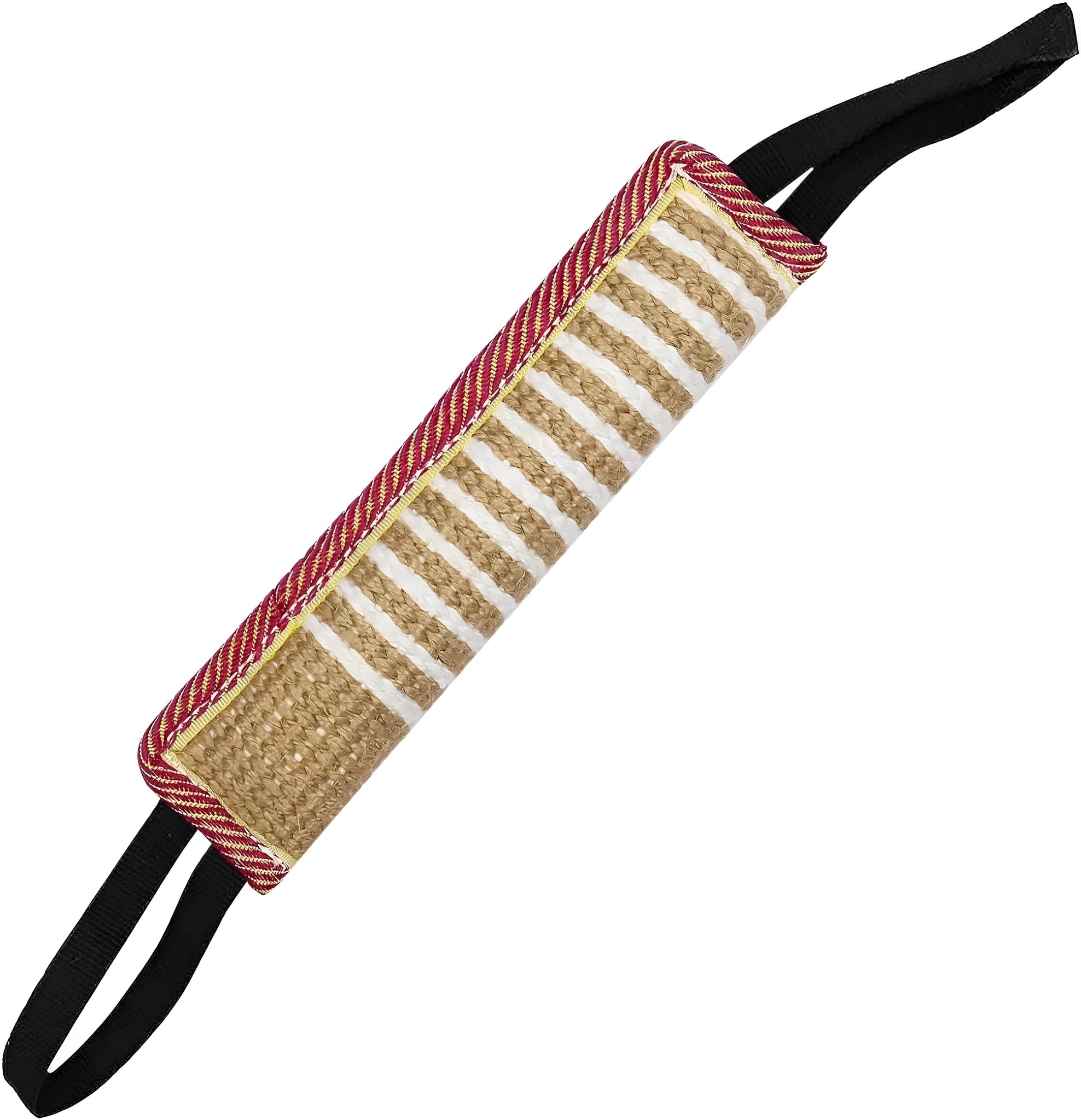Beige and pink jute dog tug toy with two fabric handles for interactive play.