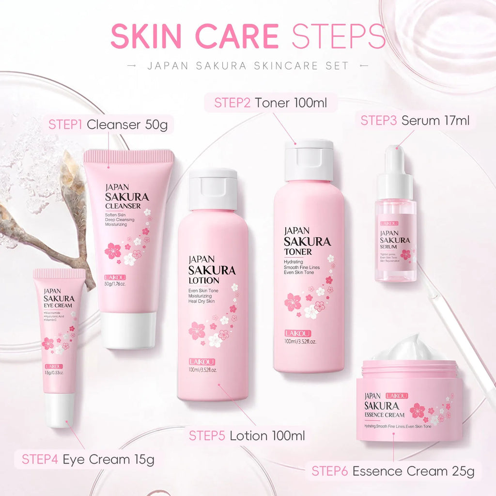 Cherry blossom skin care 6-piece set showing cleansing foam, toner, cream, essence liquid, eye cream, and essence cream