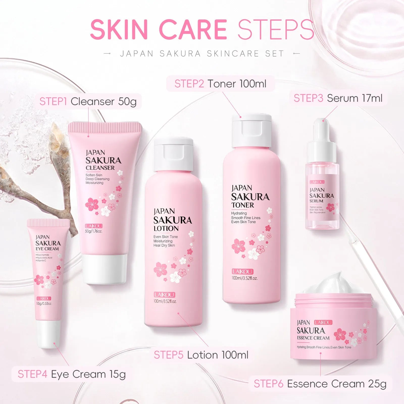 Cherry blossom skin care 6-piece set showing cleansing foam, toner, cream, essence liquid, eye cream, and essence cream