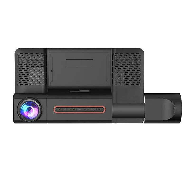 Black three-lens dash cam with 4-inch touchscreen display for front and rear vehicle recording