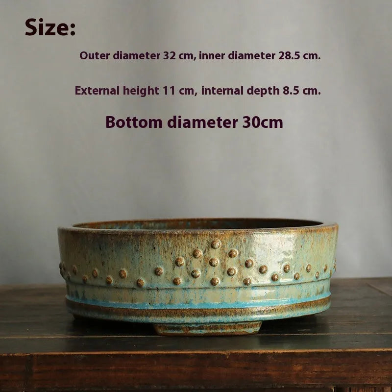 Purple sand handmade round drum ceramic flower pot with high-temperature firewood glaze