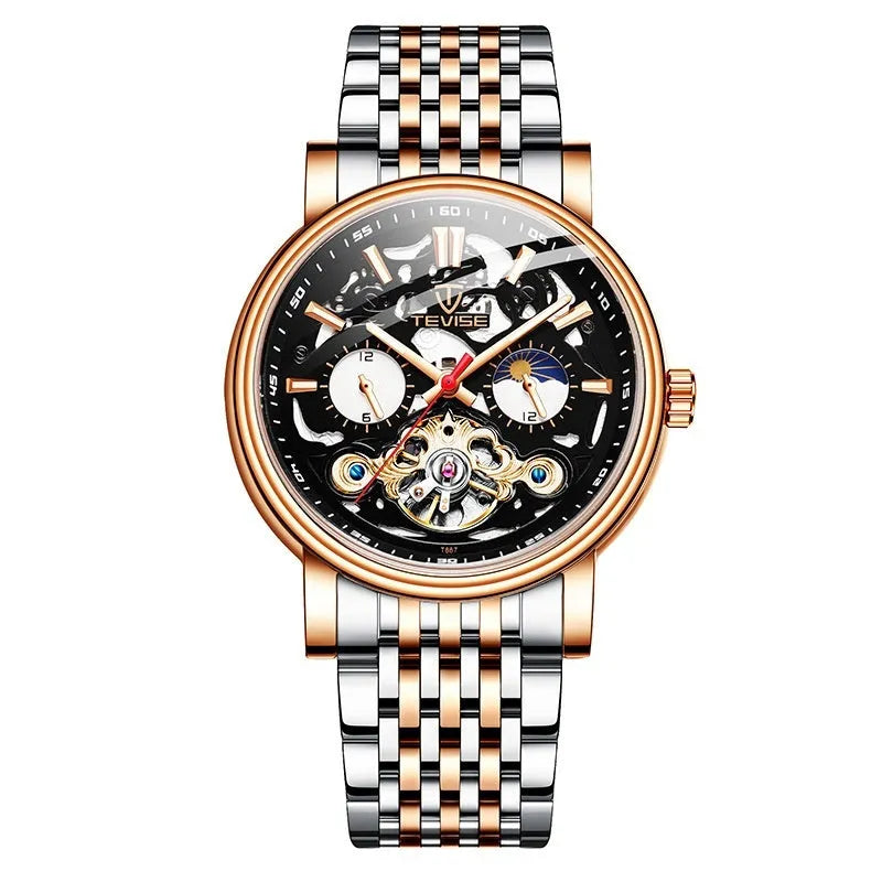 Men's tourbillon mechanical watch with luminous hands on a wrist, showing T867 Black colour option.