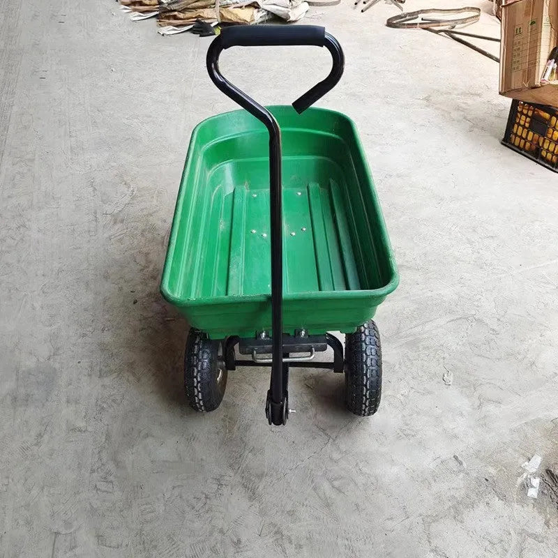 Green four-wheel plastic dump truck with a steel PP body, model TC2145.