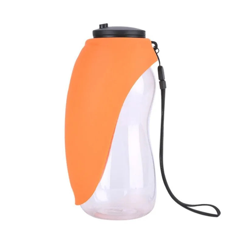 Portable pet water bottle with drinking bowl in blue green orange red colours showing 680ml capacity and key lock