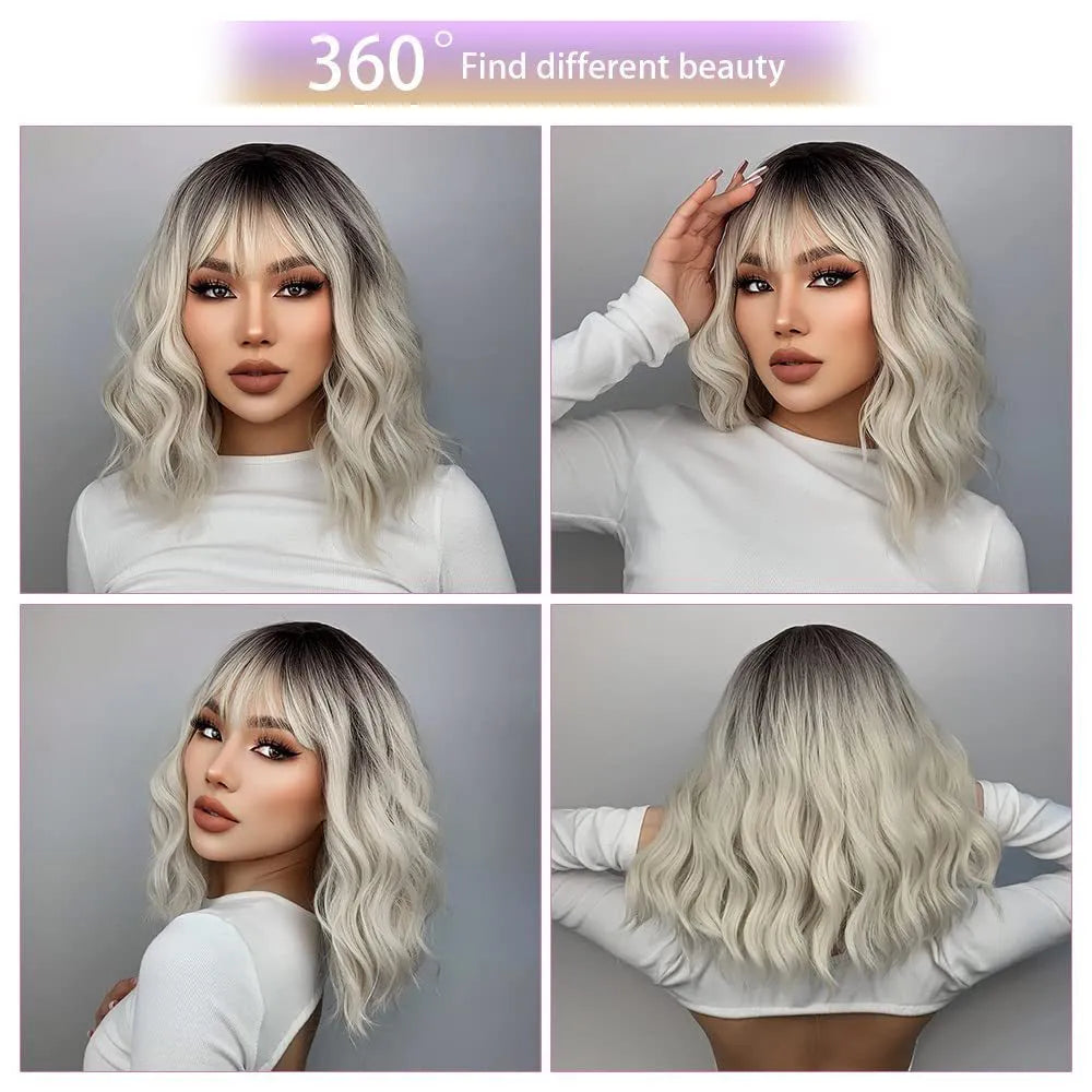 Women's short hair wig in ethnic style with oblique bangs, made from high temperature silk in image colour