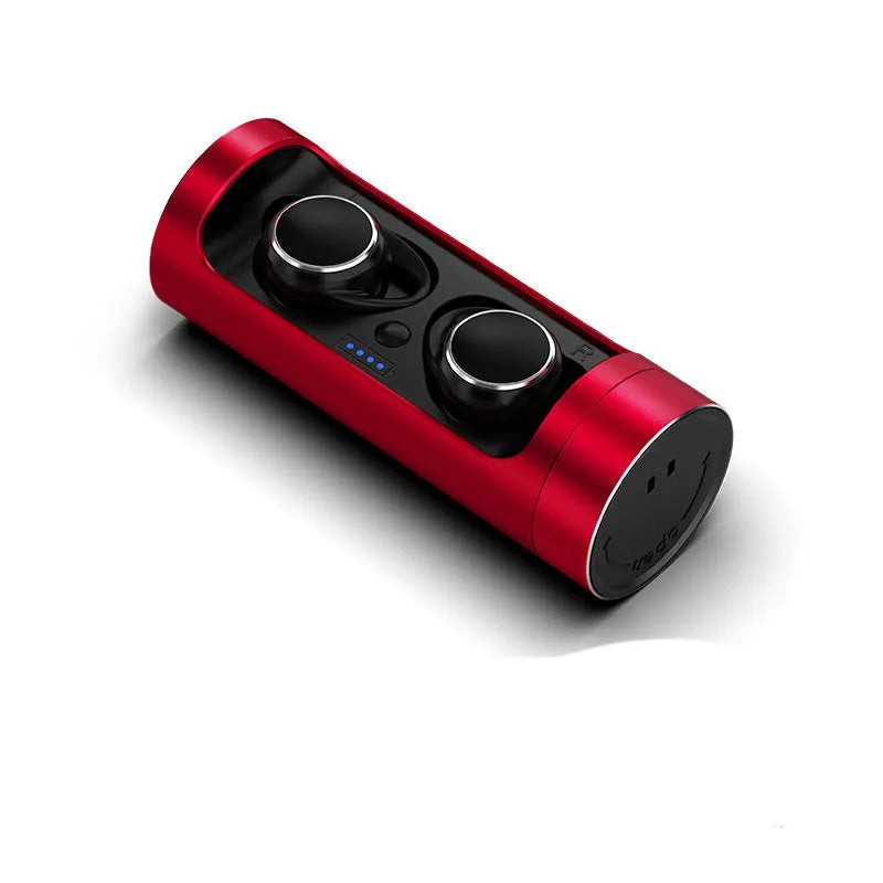 A Bluetooth wireless headset shown in Dark Grey, Red, and Silver colour options on its charging bay