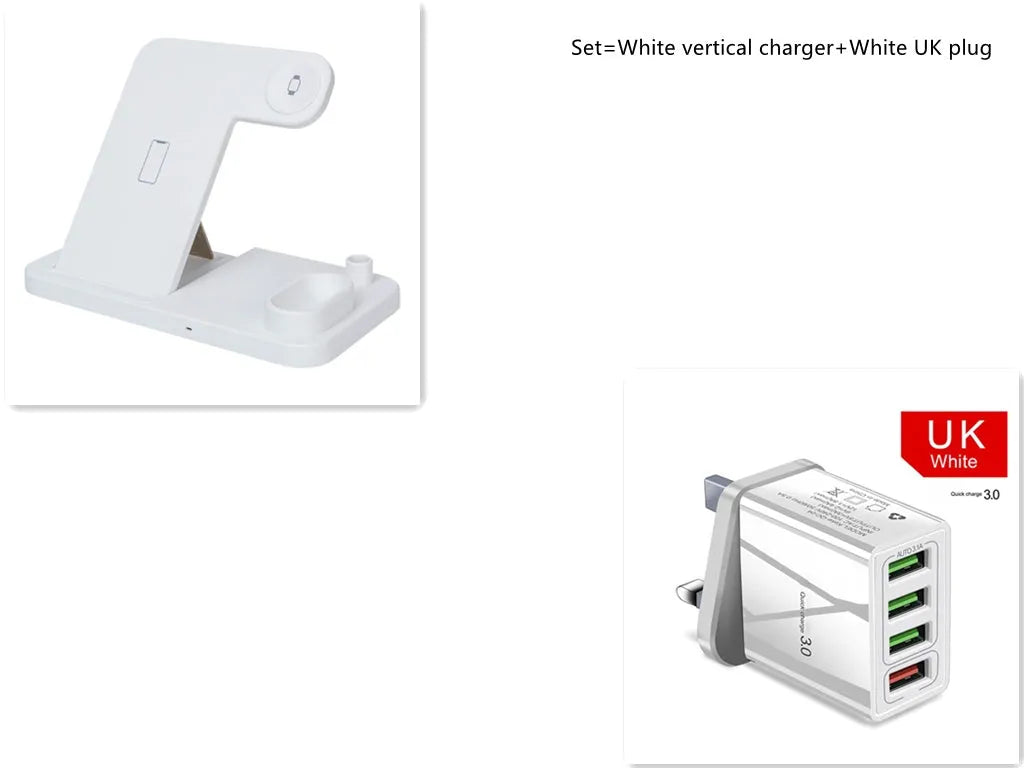 Black 4-in-1 wireless charger with magnetic phone stand charging an iPhone, Apple Watch, and AirPods.