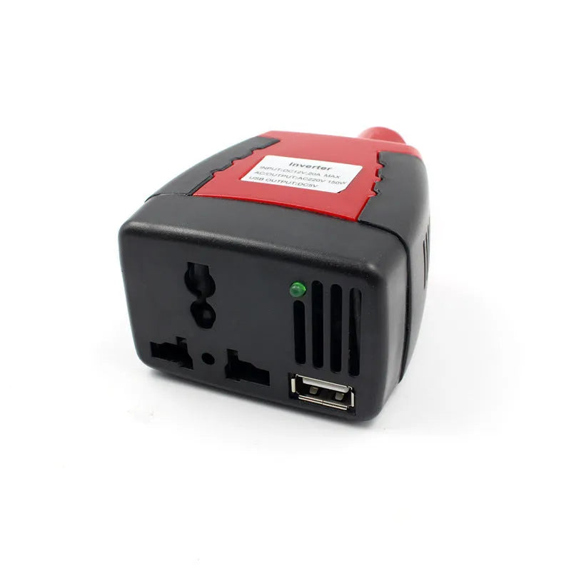 Black and red 150W car power inverter converting 12V DC to 110V/220V AC with USB port