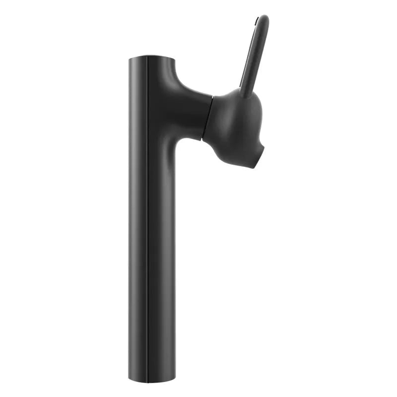 Compact black and white wireless Bluetooth headset for hands-free calls, shown next to a size scale.