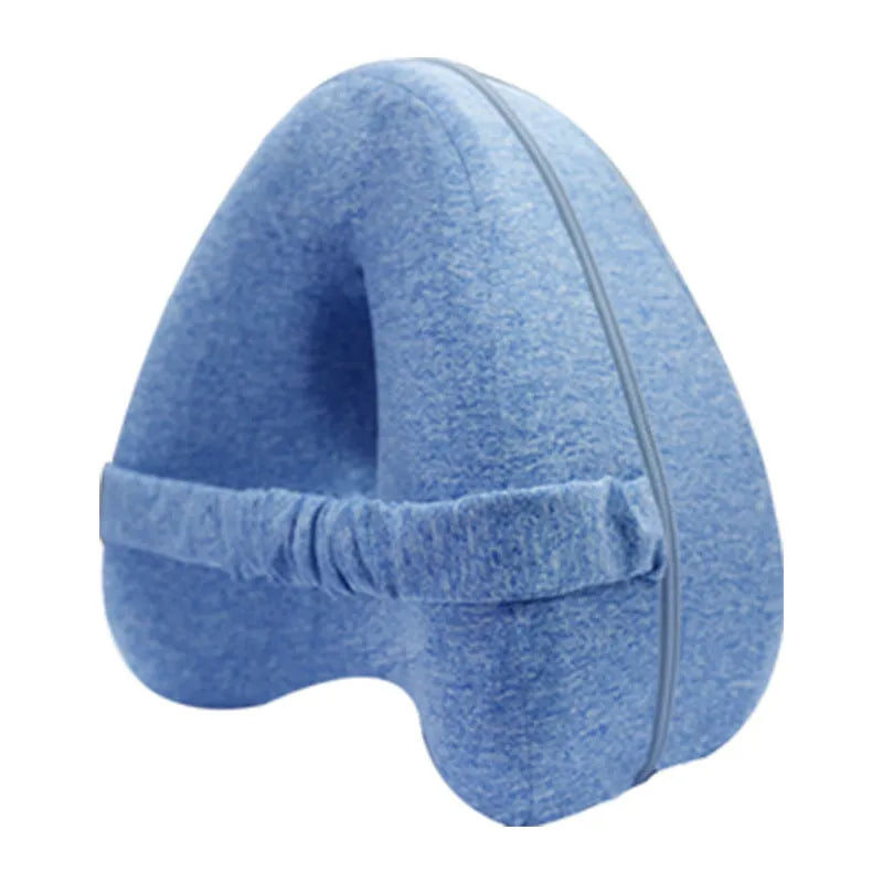 Heart-shaped dark blue memory foam leg pillow for adult use with 25x23x13cm dimensions