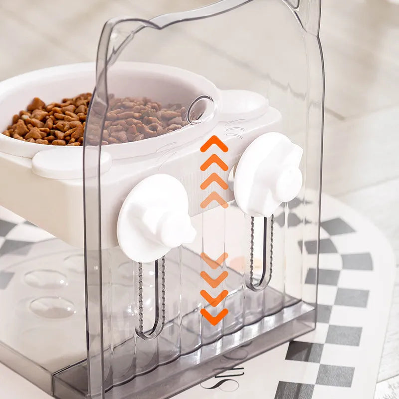 Grey cat bowl with cat ear design and anti-spill edges on adjustable hanging cage