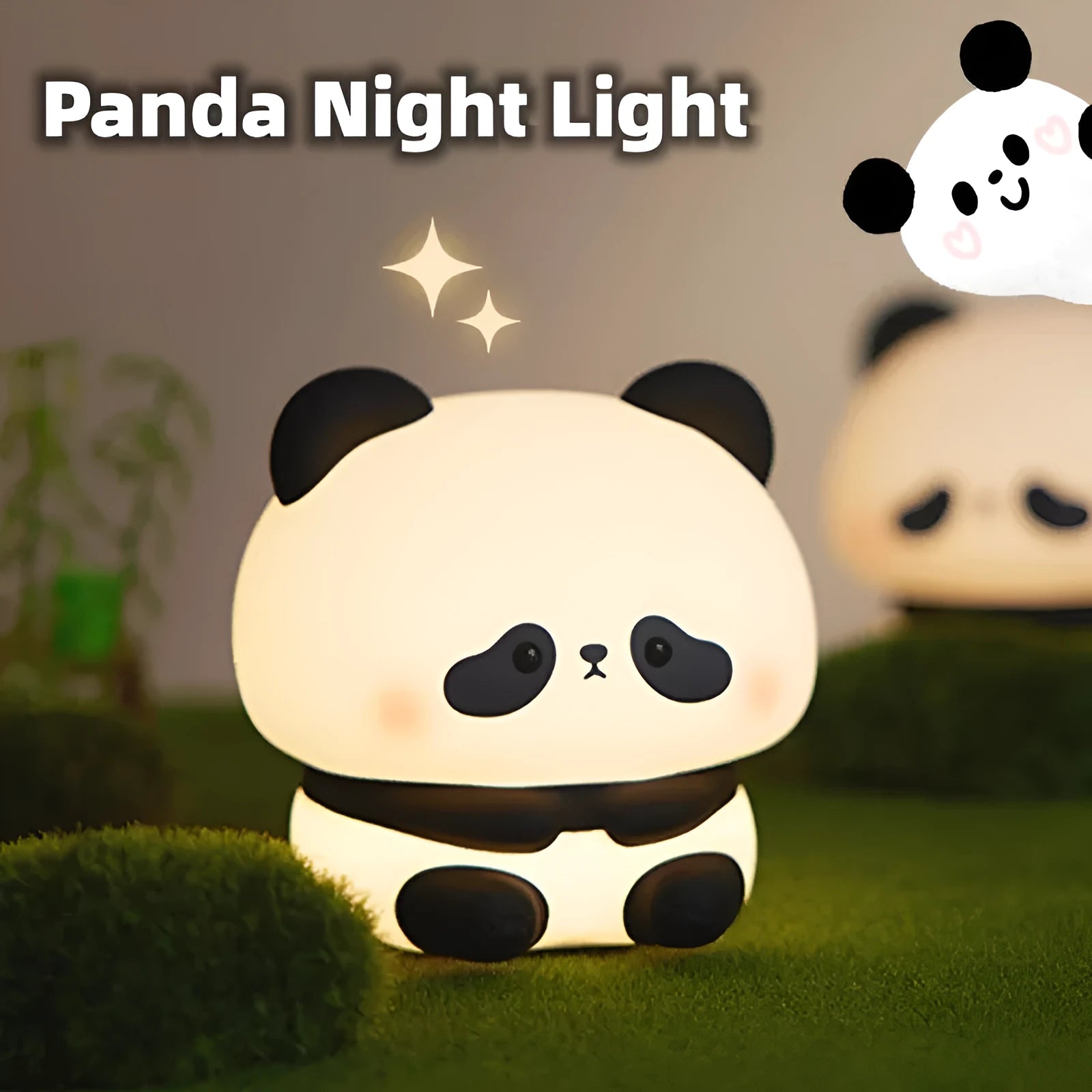 Panda LED night light made from soft silicone with USB rechargeable touch control, 2W, 1200mAh battery.