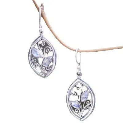Silver alloy leaf earrings with embedded colourful moonstone gemstones for women