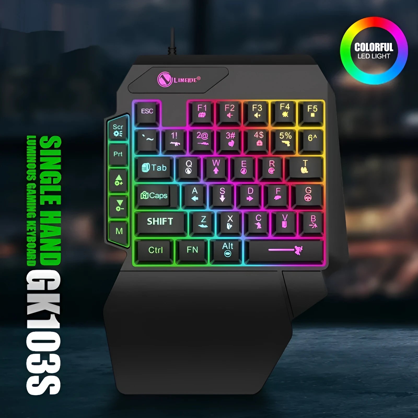 GK103S one-handed luminous mechanical gaming keyboard with backlit keys on a desk.