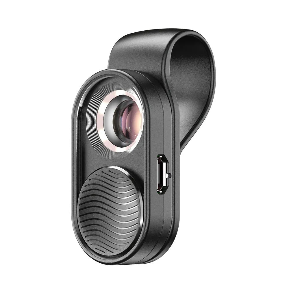 Black mobile magnification microscope with LED light clamped onto a smartphone showing 100x close-up view
