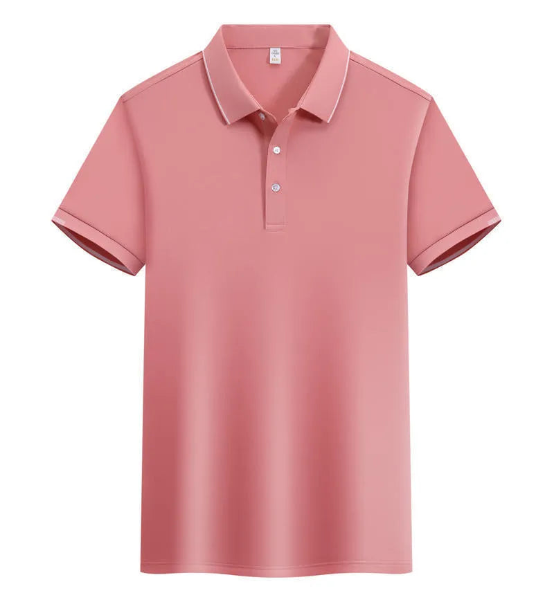Loose fit cotton blend short sleeve polo shirt showing single-side colour secondary collar lapel detail.