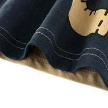 Children's cotton T-shirt with animal print, showing size options from 90cm to 140cm clothing length.