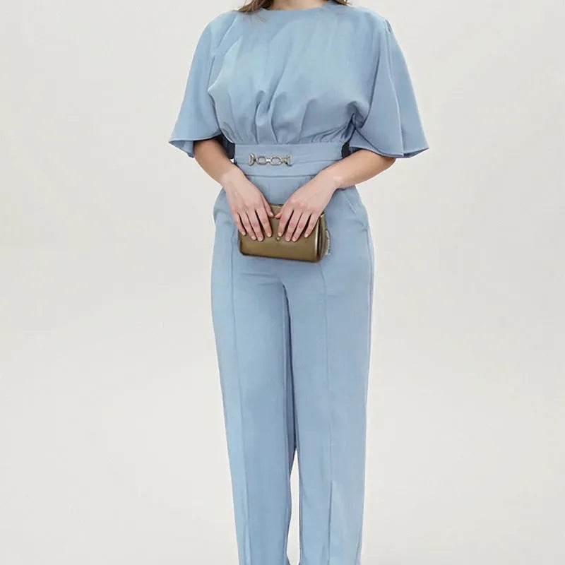 Blue men's two-piece casual suit with long sleeve polyester top and trousers
