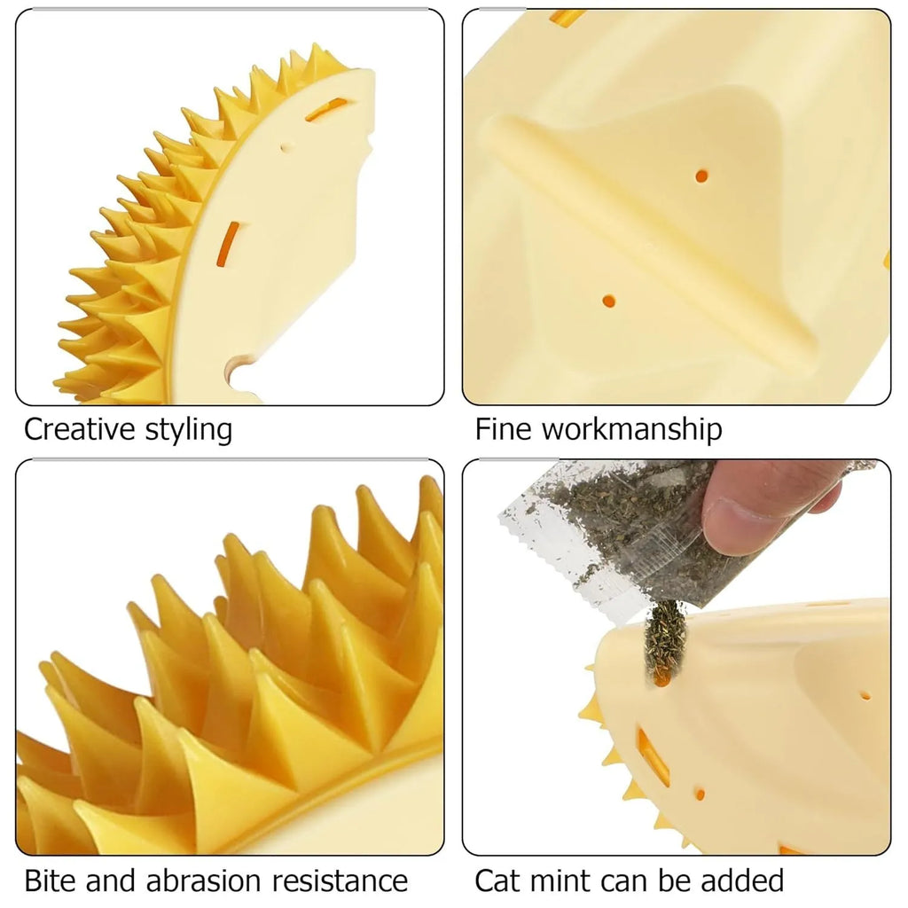 Yellow durian-shaped cat corner scratcher with comb surface mounted on wall corner