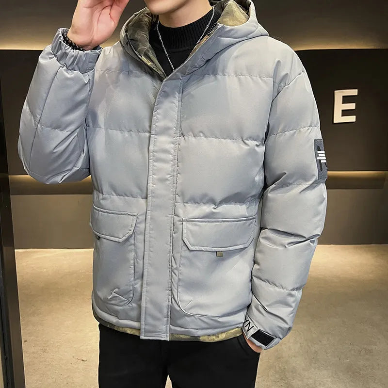 Men's hooded cardigan coat with polyester fibre filling, loose fit, available in black, khaki, and light blue