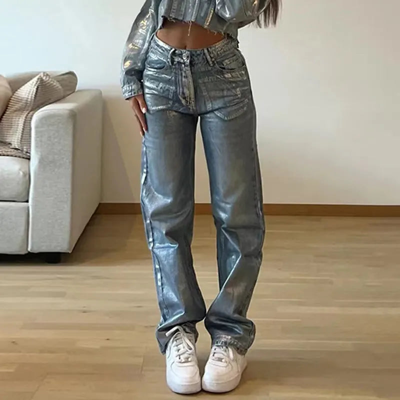 Washed blue women's high waist straight leg jeans with contrast silver street hipster detail