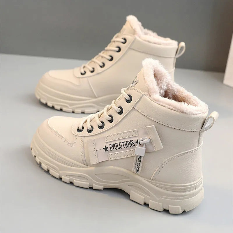 Fleece lace-up boots women winter warm flat heel round toe waterproof platform artificial PU leather stitching