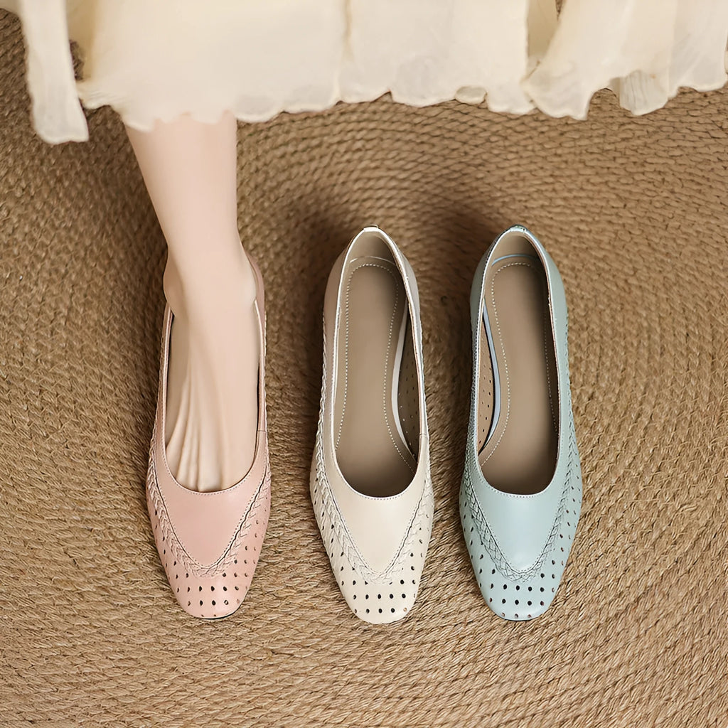 Women's shallow mouth hollow-out round toe mid heel sandals in sheepskin with beef tendon sole