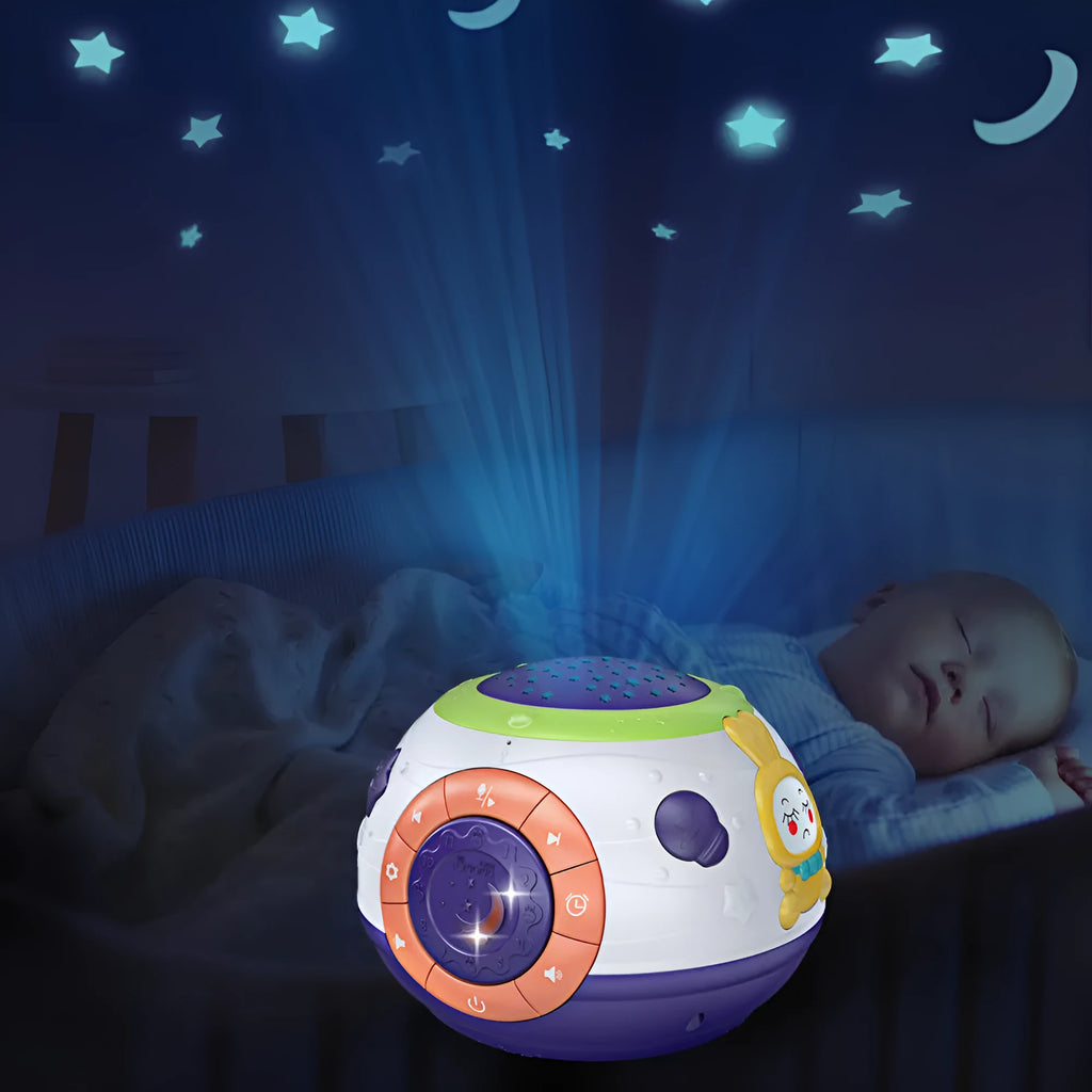 White plastic starry sky night light projector for children with control button on top.