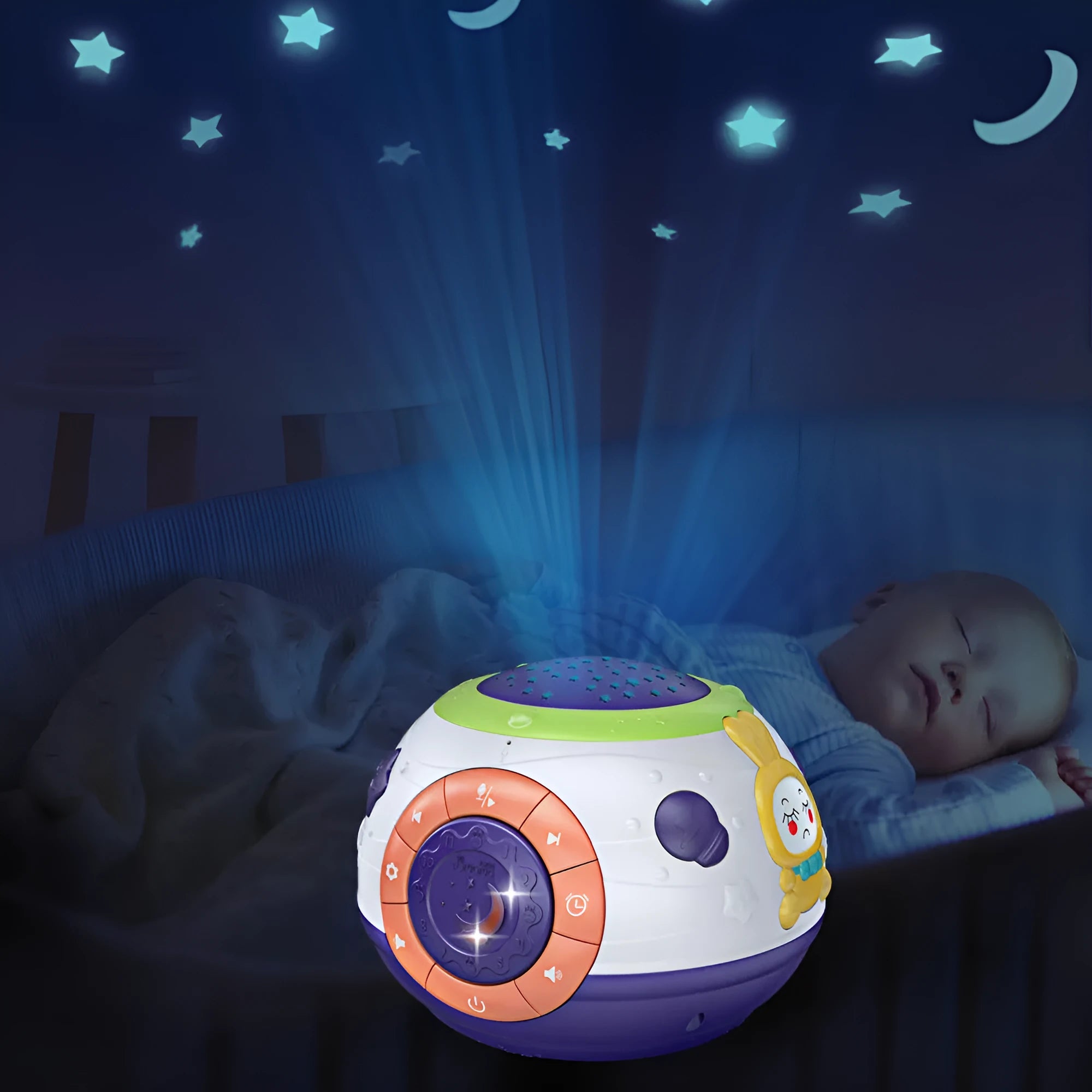 White plastic starry sky night light projector for children with control button on top.
