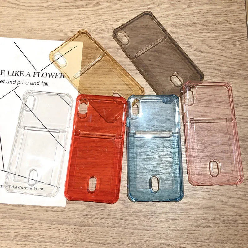 Transparent card holder phone case for Apple iPhone in silicone material showing card storage compartment