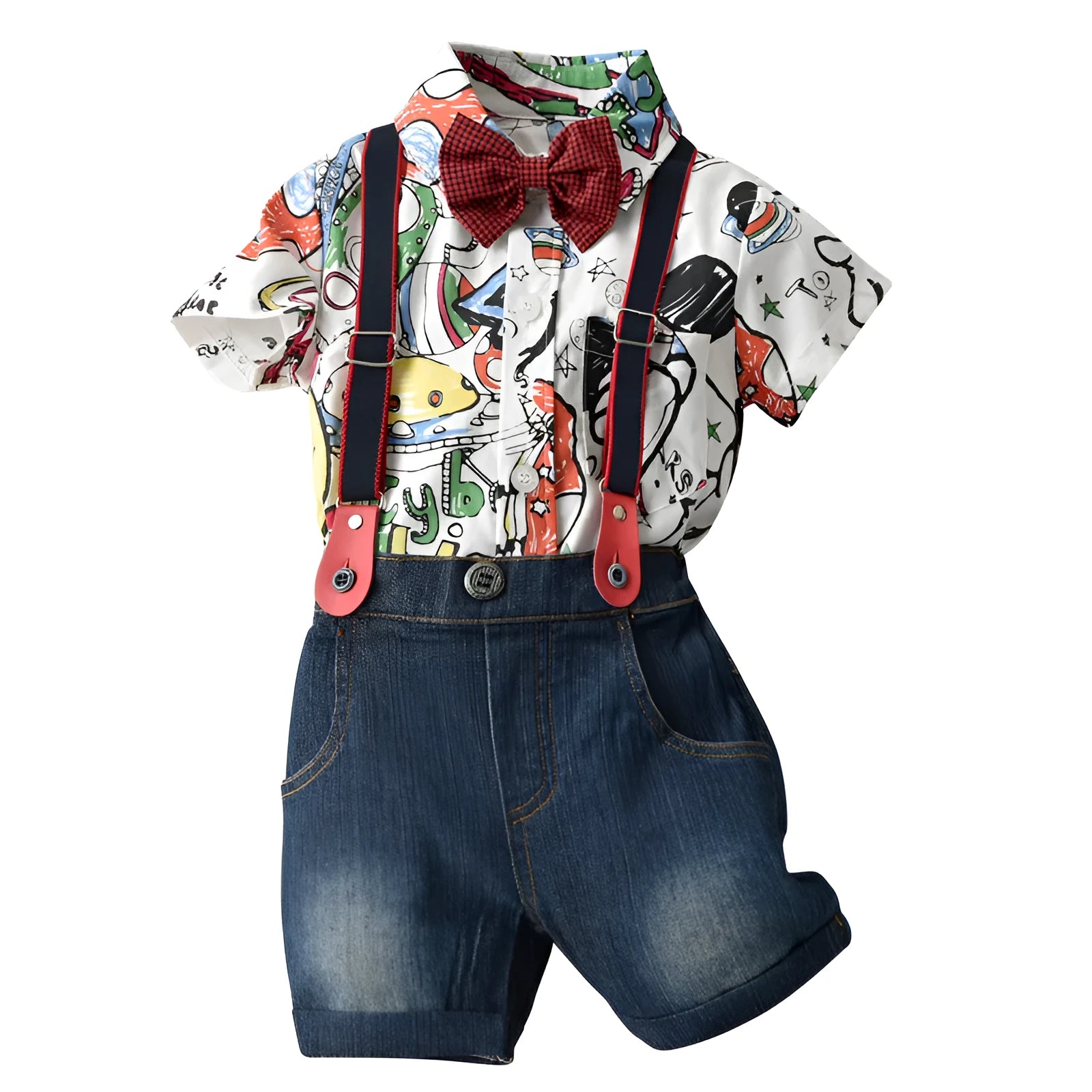 White cartoon trouser suit set for infant includes romper or shirt and pants short sleeves no hood summer style