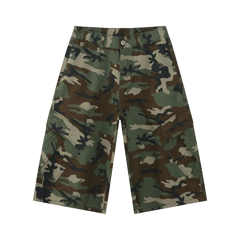 Men's camouflage cotton jeans with wide leg loose fit and large side pockets